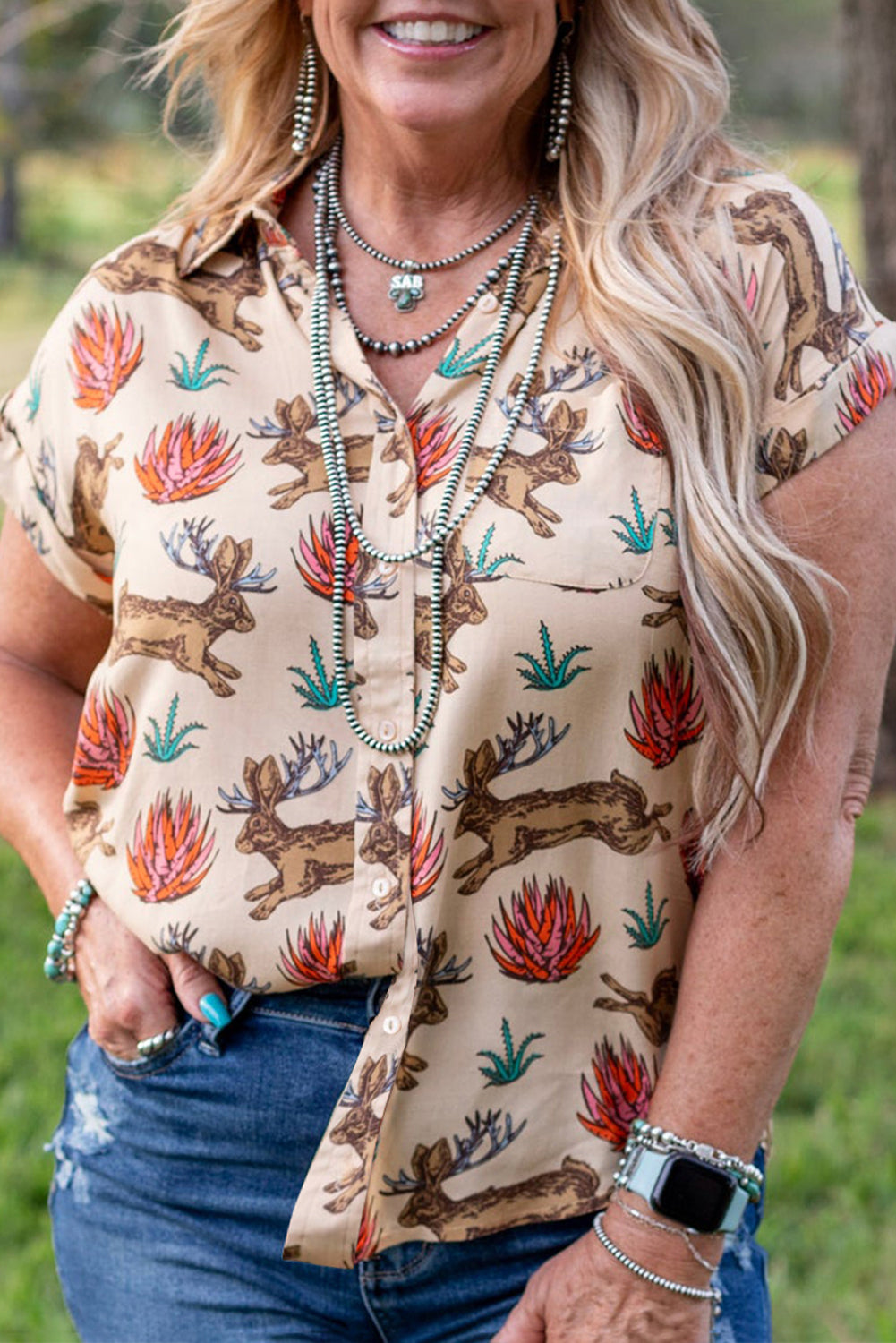 Khaki Plus Size Western Pattern Print Buttoned Short Sleeve Shirt BB Fashion Outlet
