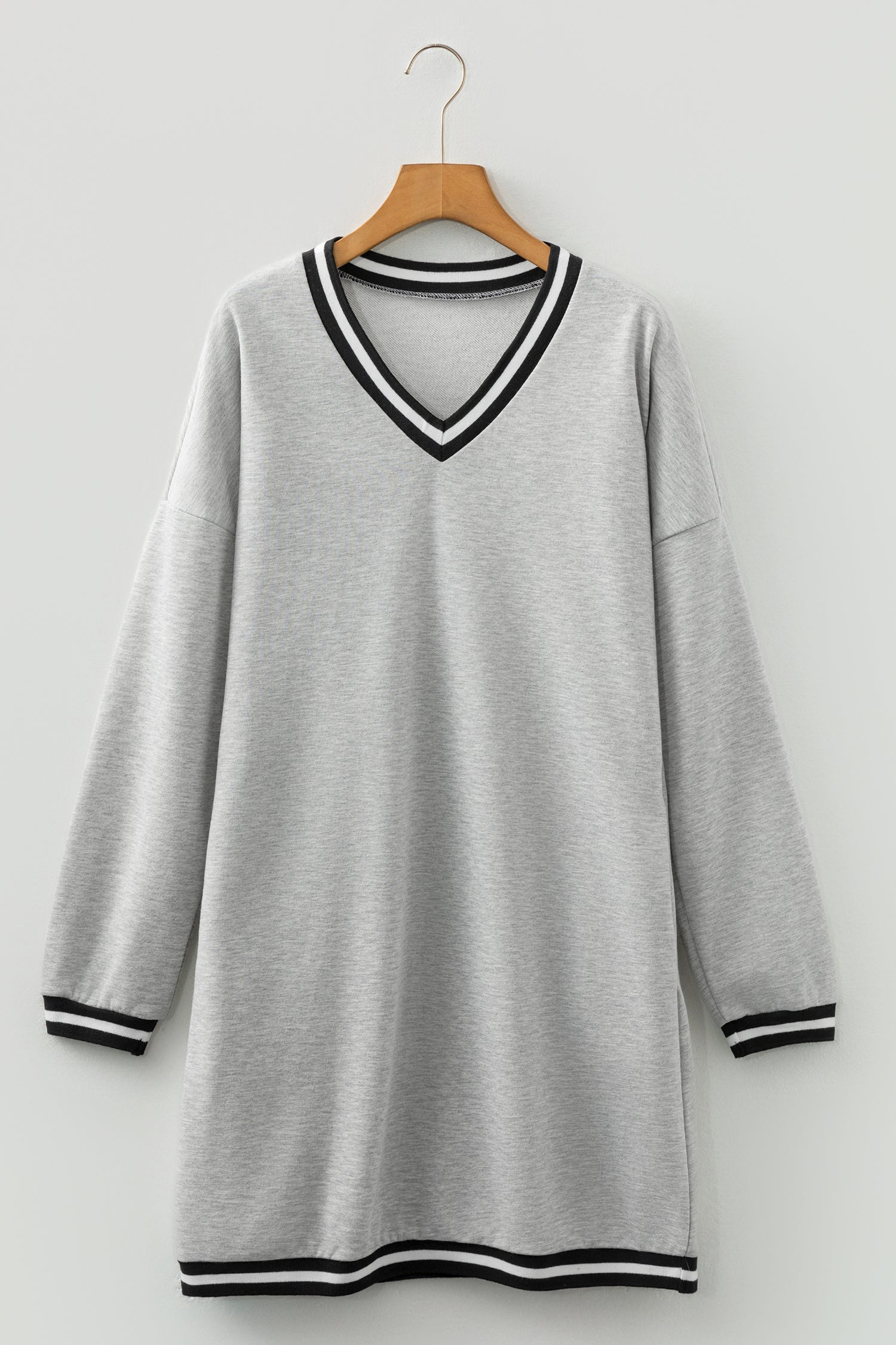 Striped Trim V-Neck Long Sleeve Preppy Sweatshirt Dress - Dresses/Mini Dresses