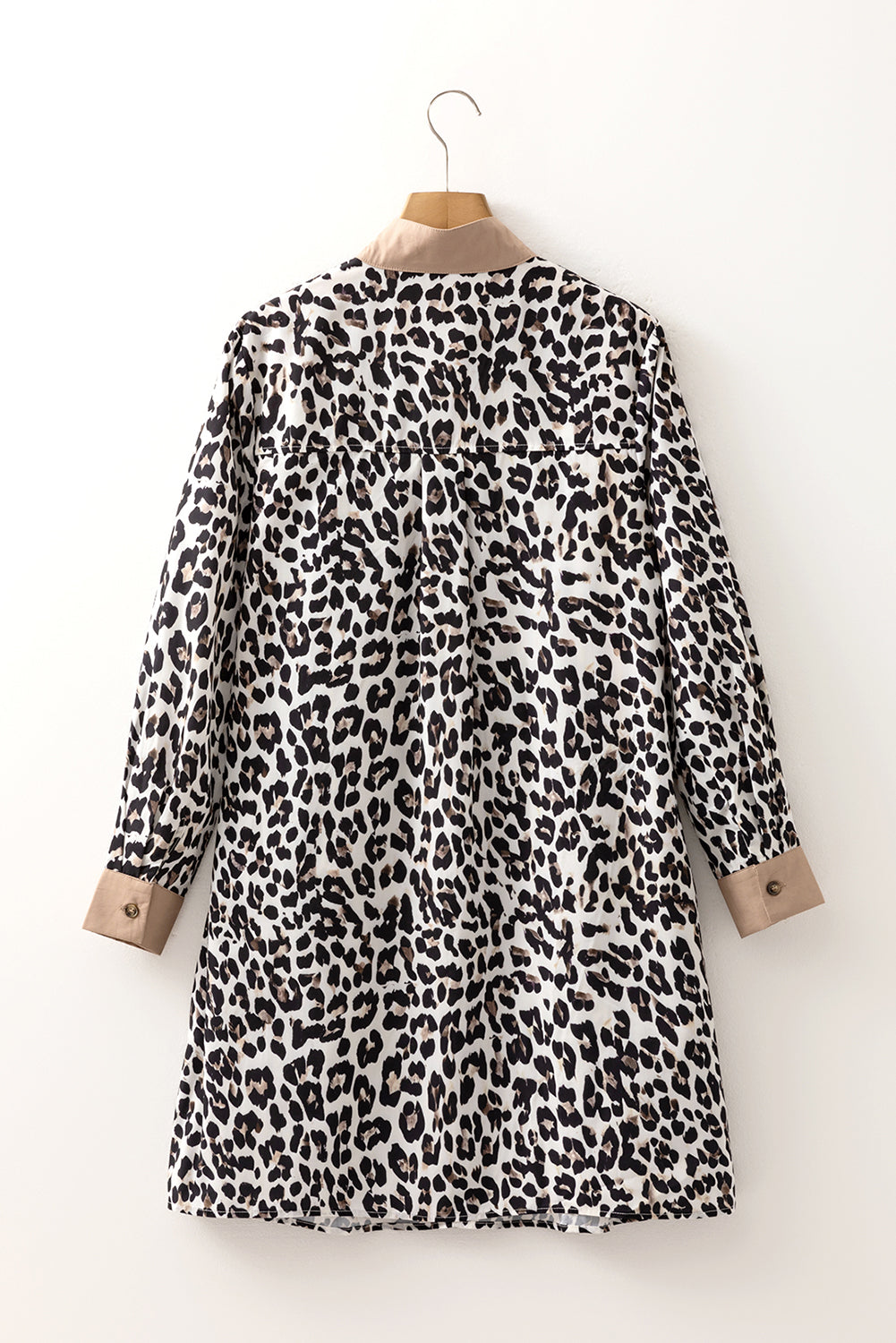 Button Striped Collar Leopard Print Long Sleeve Flared Dress - eAura