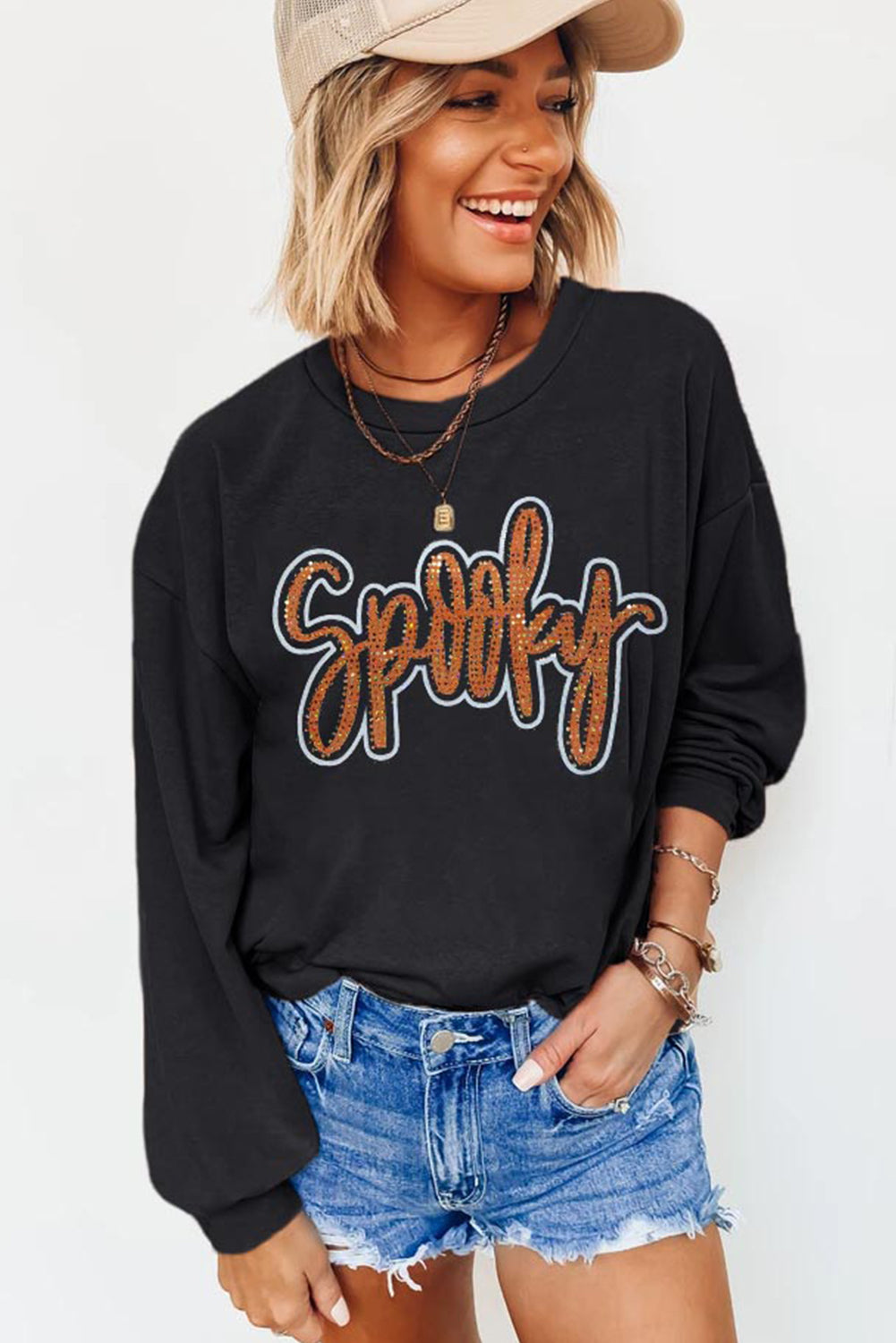 Spooky Rhinestone Drop Shoulder Graphic Sweatshirt – Black