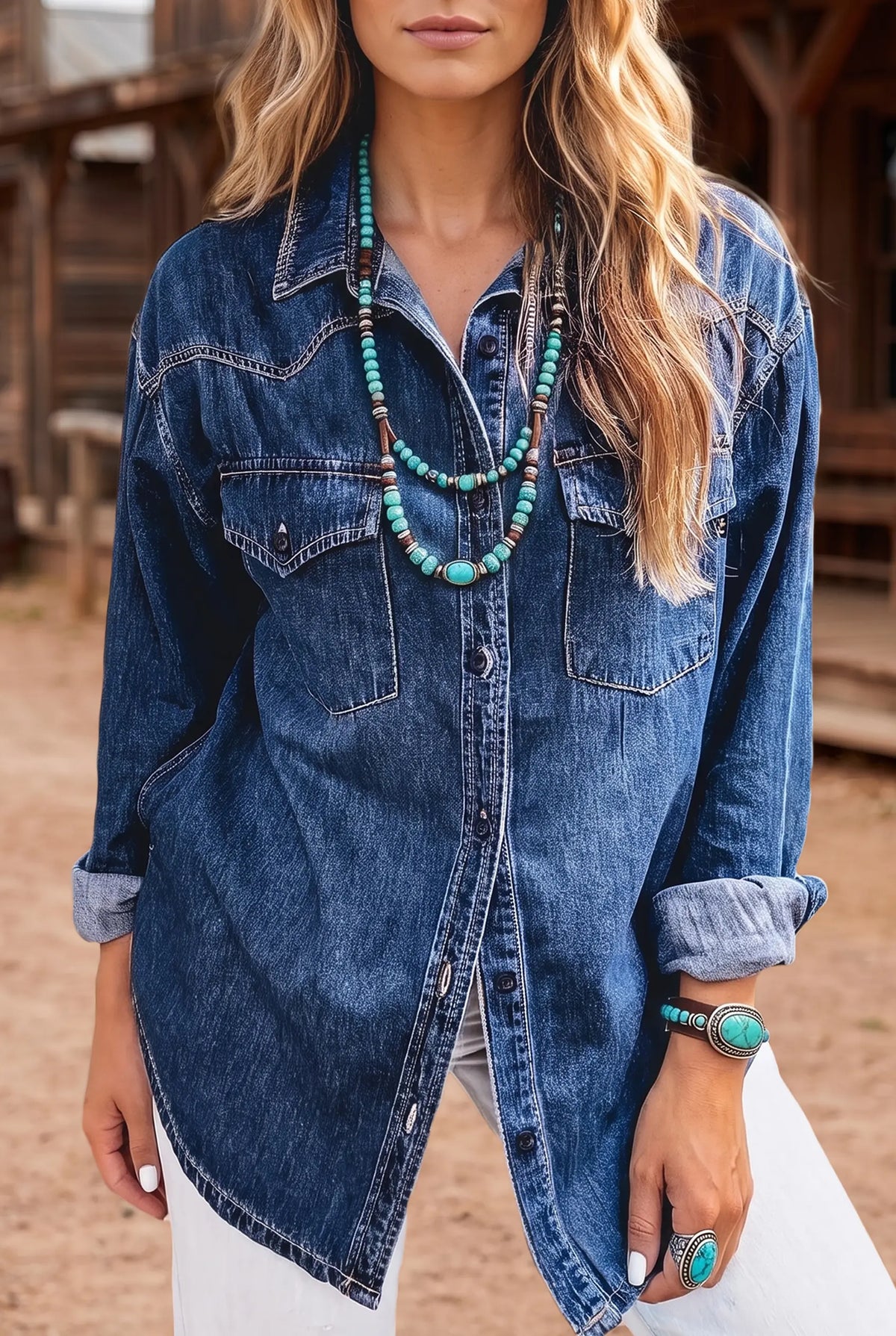 Western Patch Pockets Tunic Length Long Sleeve Denim Shirt – Sail Blue