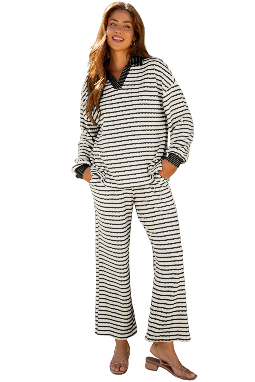 Striped Collared Pullover Top and Drawstring Trousers Co-ord Set eAura