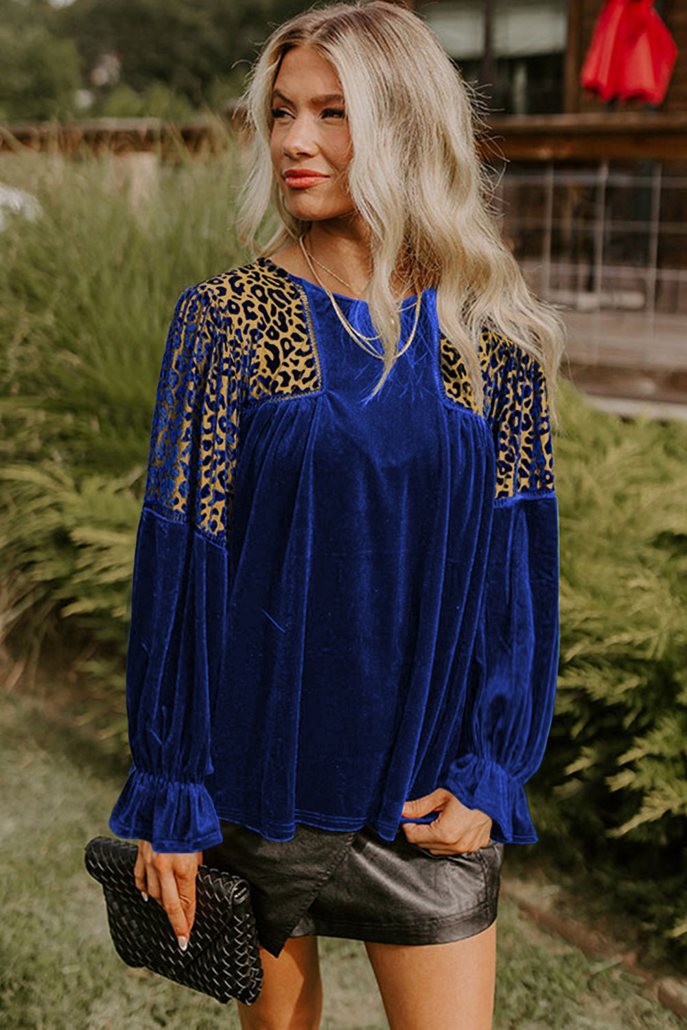 Leopard Patchwork Shoulder Flounce Sleeve Velvet Blouse - eAura