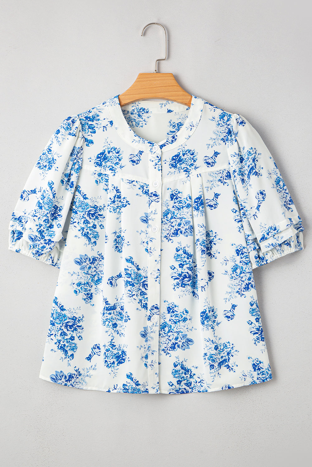 Sky Blue Floral Tiered Puff Short Sleeve Pleated Bust Buttoned Casual Shirt eAura