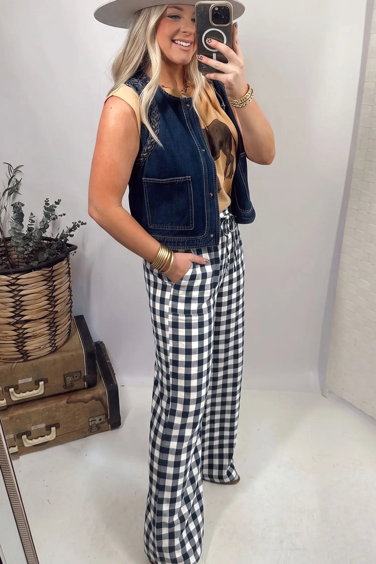 Tie Elastic Waist Shift Pants — Gingham Plaid