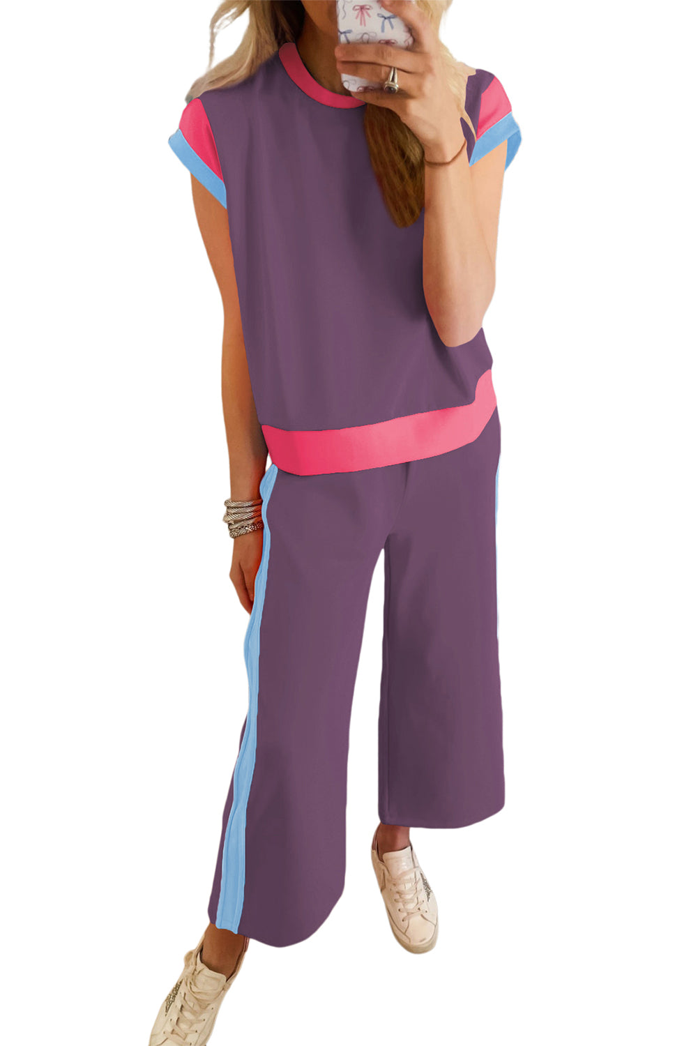 Colourblock Crop Tee & Wide Leg Trouser Two-Piece Set