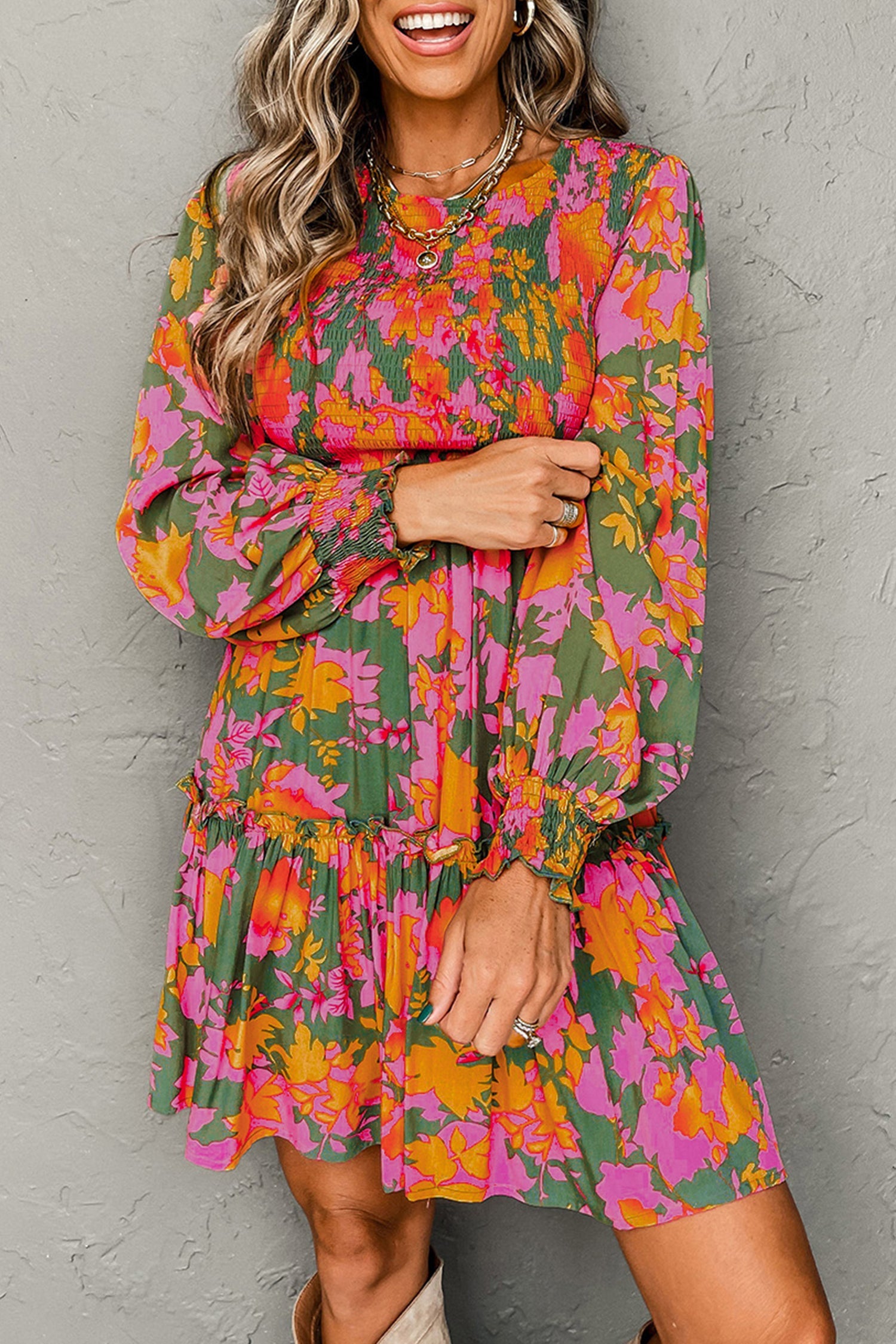 Multicolour Floral Print Long Sleeve Smocked Ruffled Mini Dress - eAura