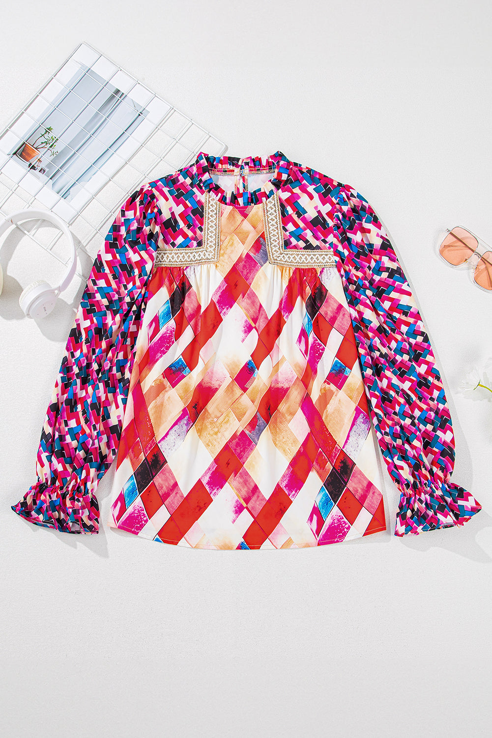 Rose Red Abstract Geometric Pattern Patchwork Puff Sleeve Blouse eAura