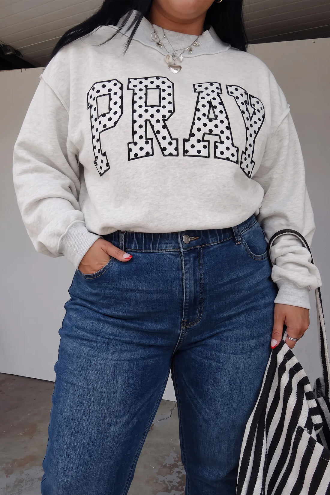 Plus Size Mock Neck Sweatshirt with PRAY Polka Dot Lettering