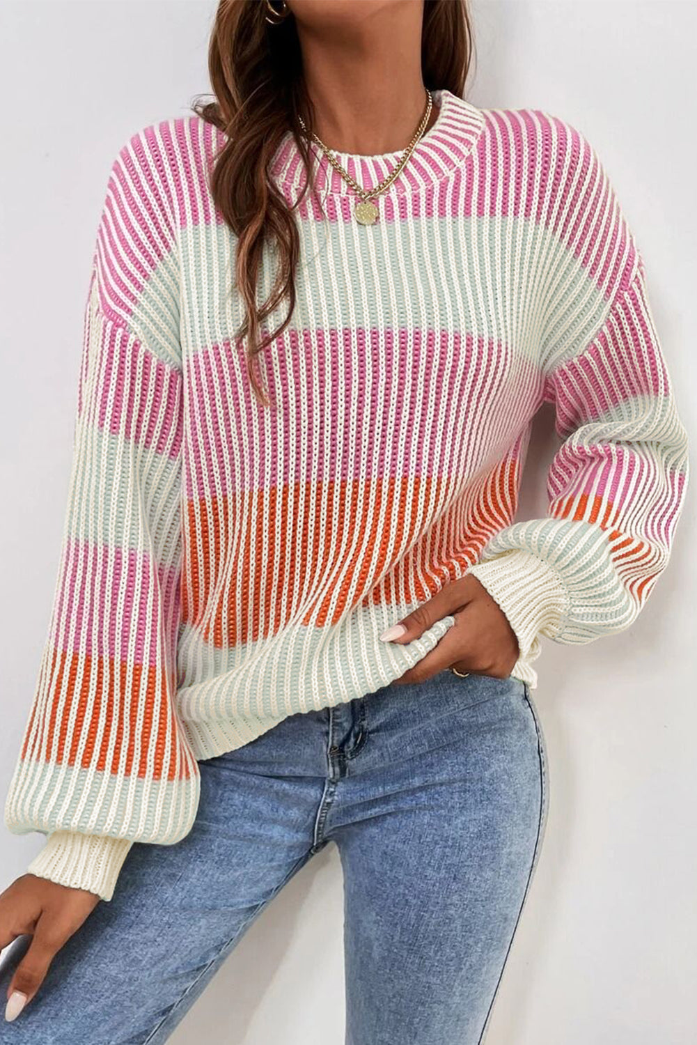 Pink Colourblock Textured Knit Bubble Sleeve Sweater eAura