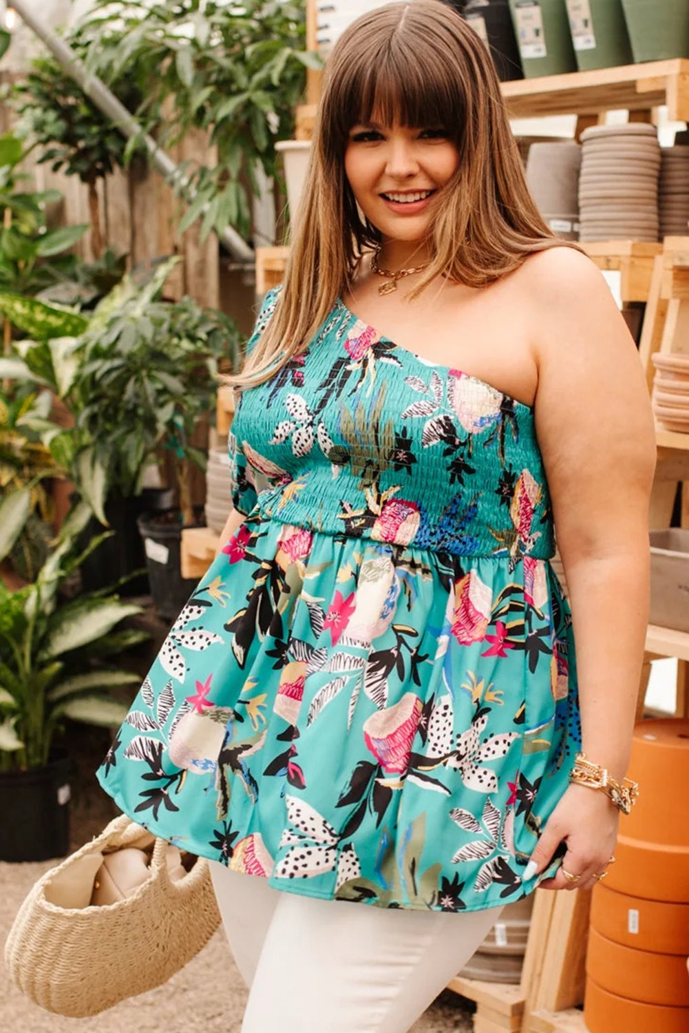 Green Plus Size Floral Smocked Bodice Single Puff Short Sleeve Babydoll Blouse BB Fashion Outlet