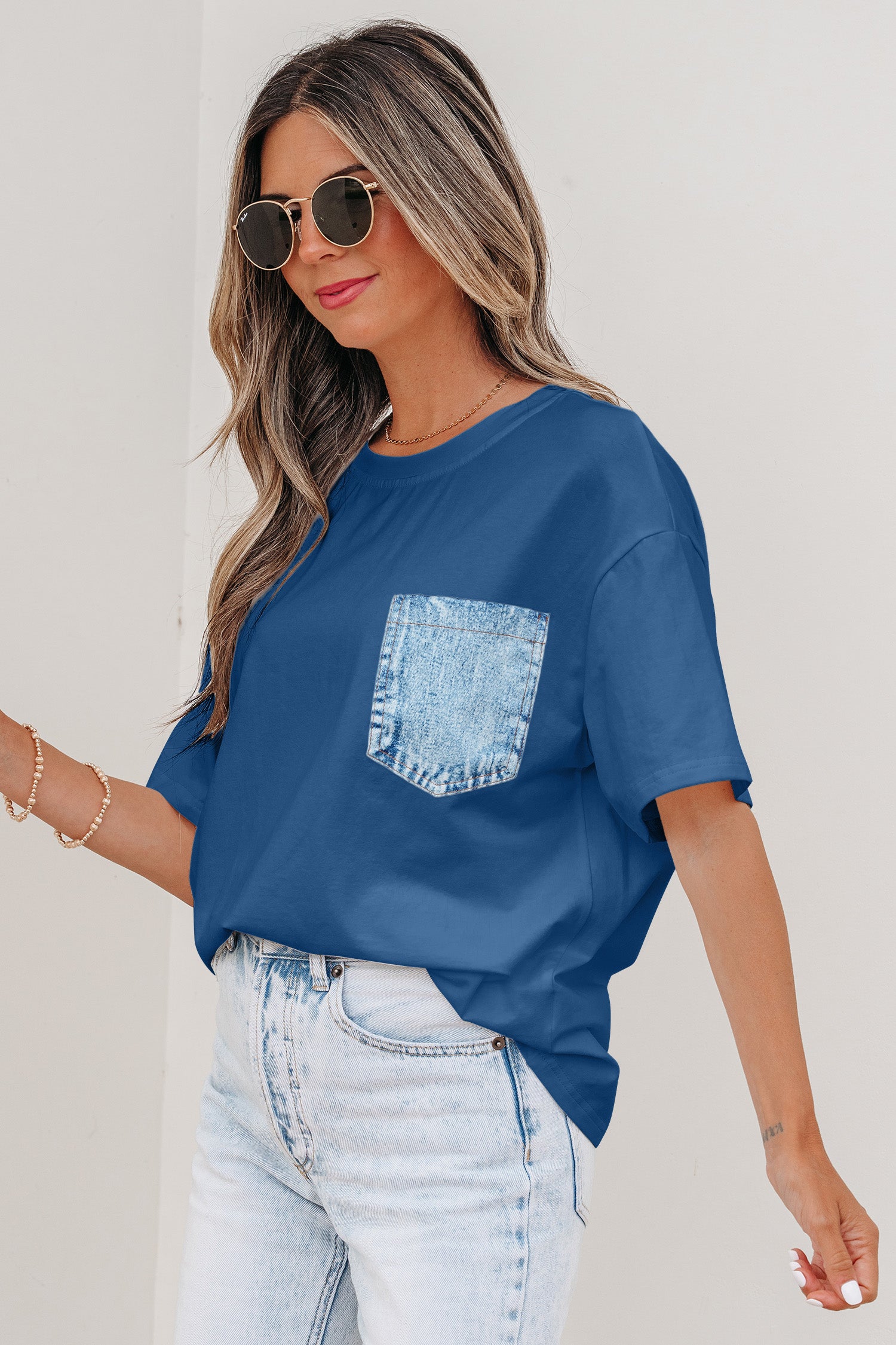 Colour Block Chest Pocket Patched Casual Short Sleeve Top