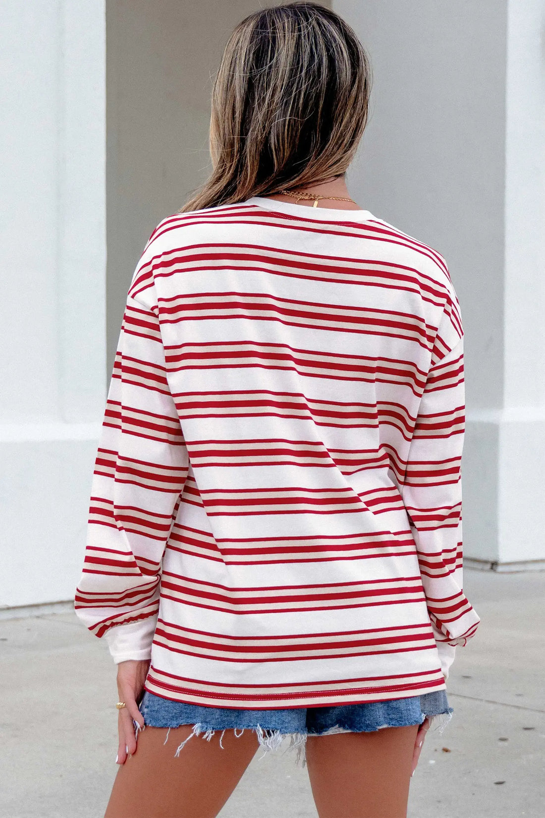 Dropped Shoulder Long Sleeve Casual Pullover Top – Red Stripe