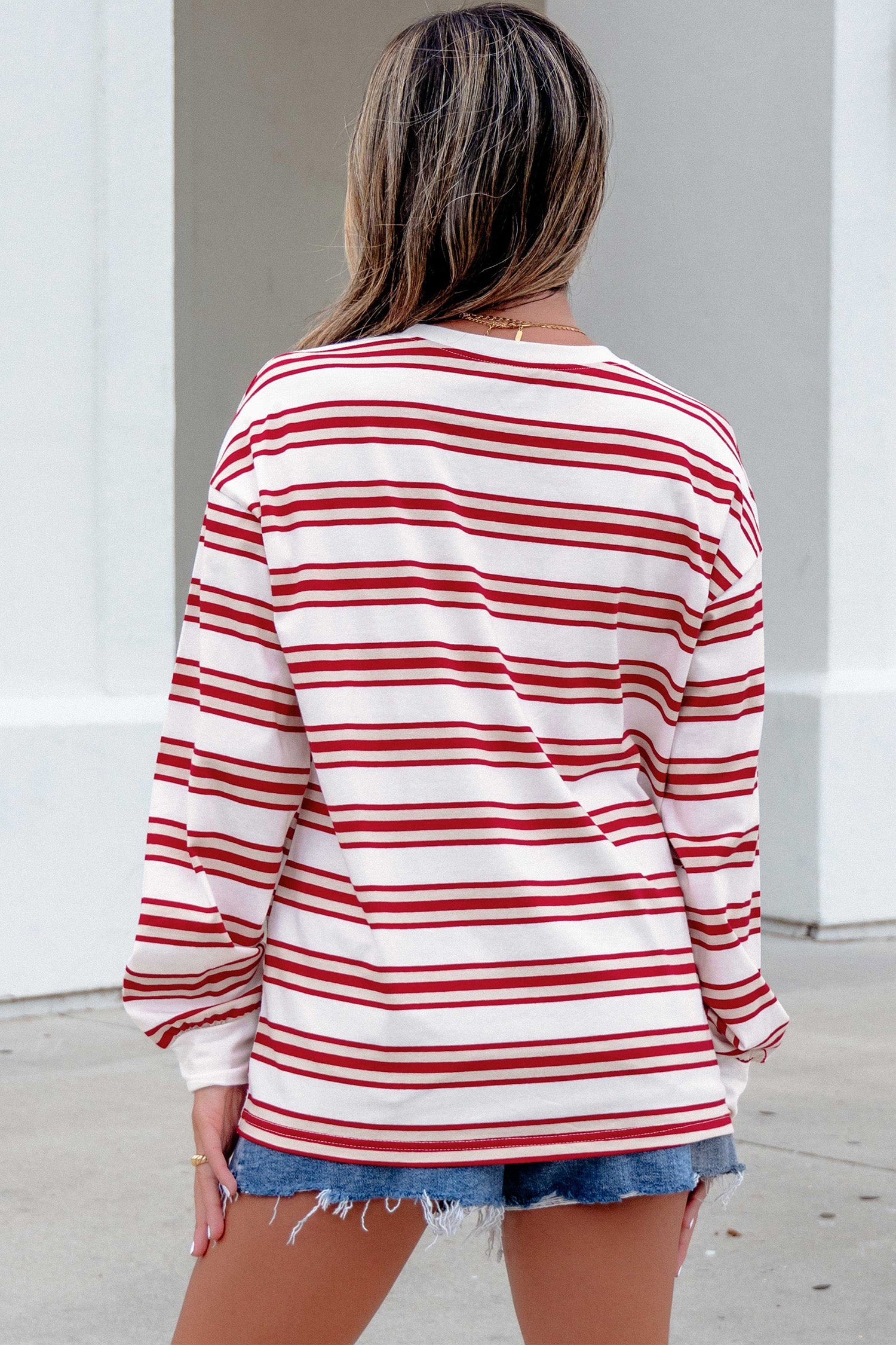 Dropped Shoulder Long Sleeve Casual Pullover Top – Red Stripe