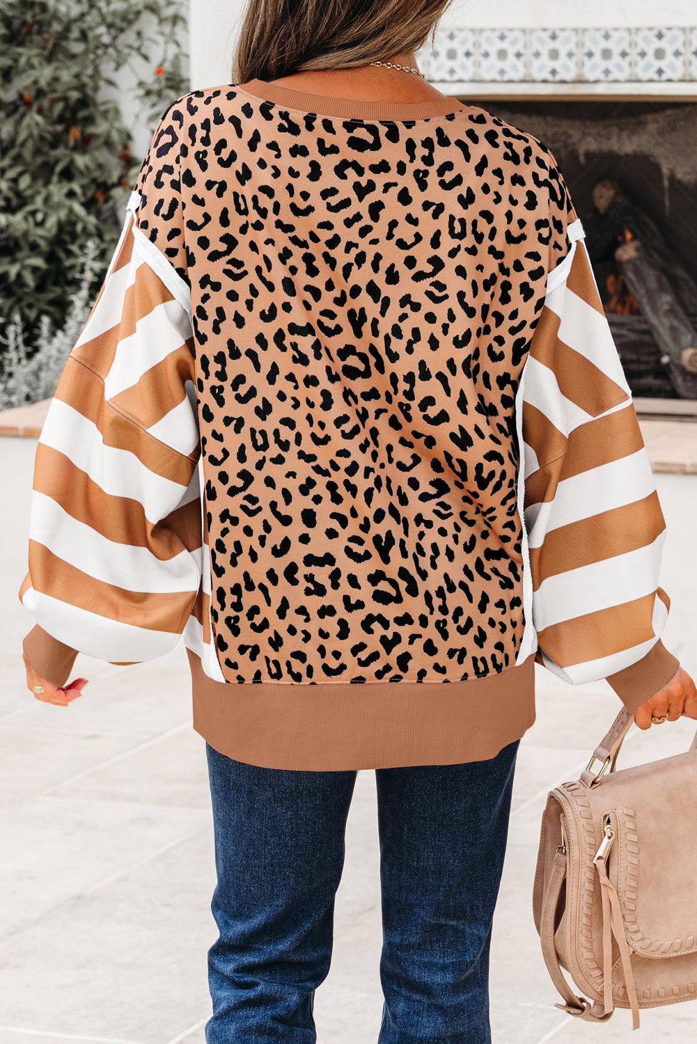 Stripe Colour Block Leopard Casual Sweatshirt with Slits - Tops/Sweatshirts & Hoodies