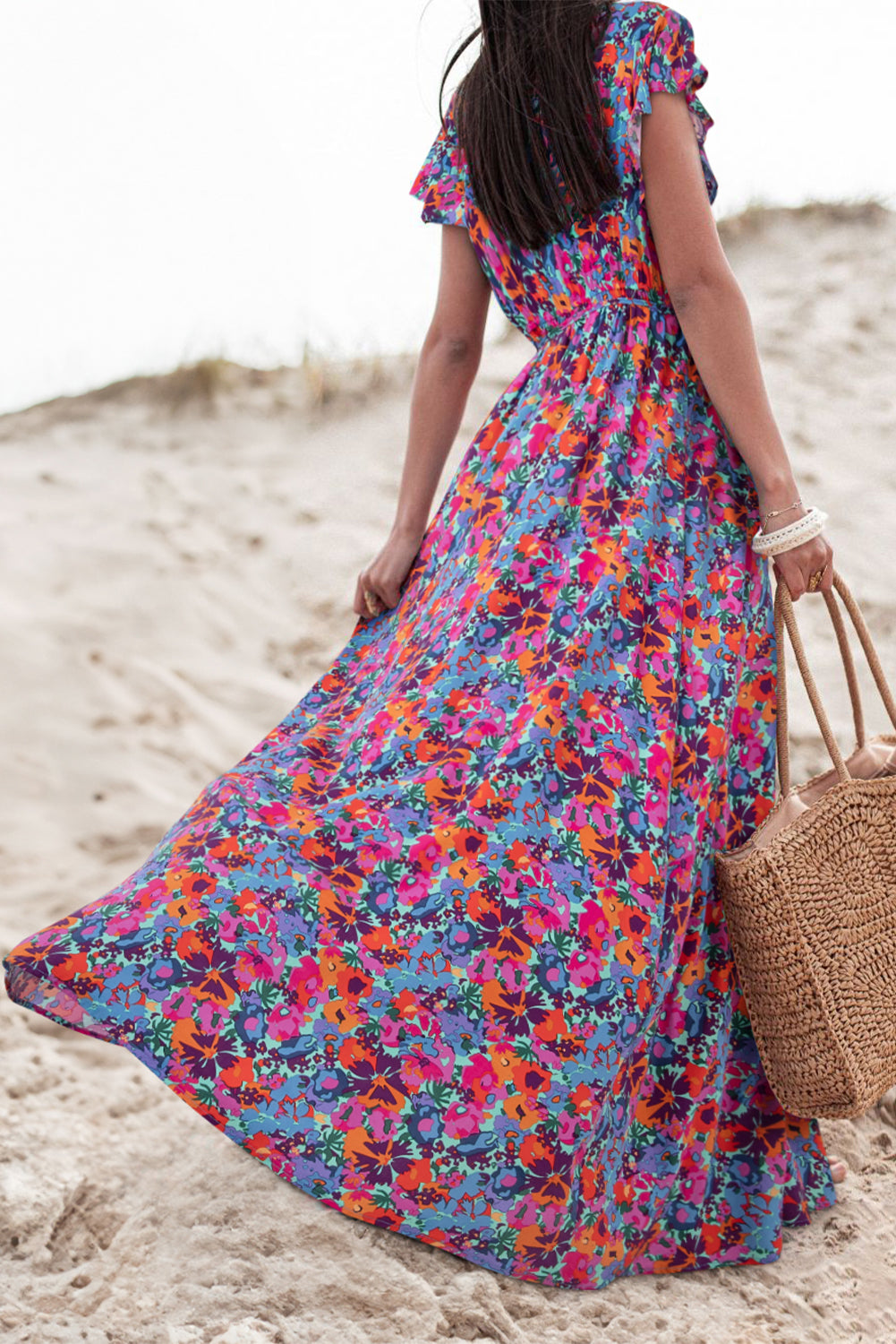 Blue Floral Print V Neck Wrap Split Maxi Dress eAura