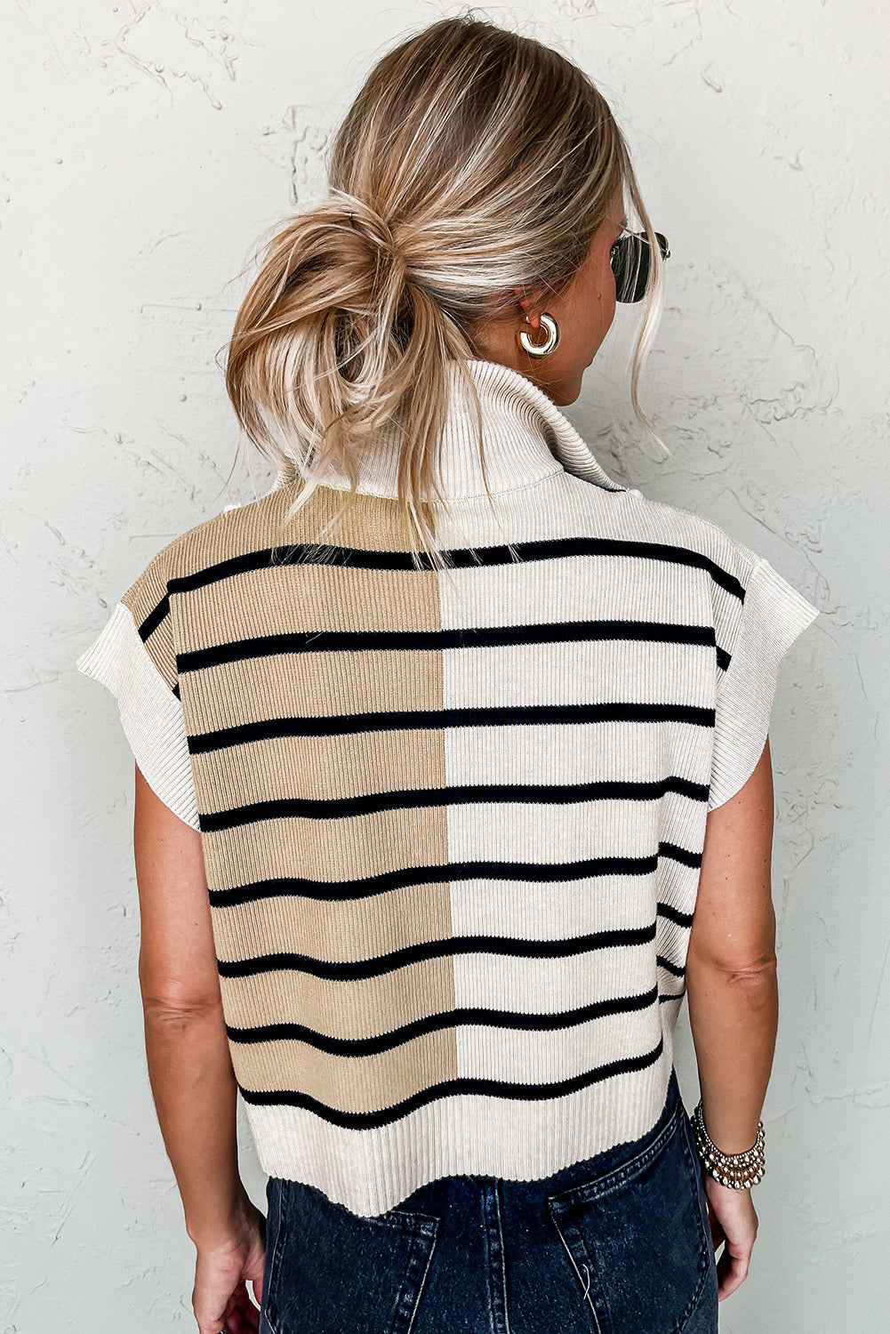 Black Stripe Colourblock Quarter Zip Collar Sweater Vest eAura