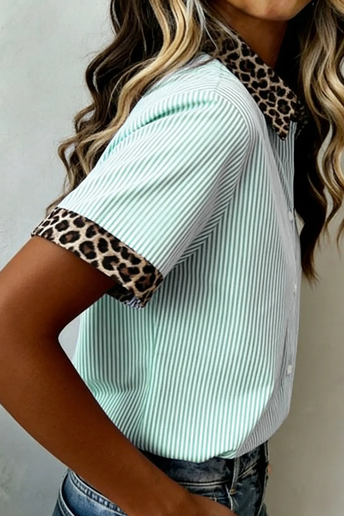 Stripe Leopard Contrast Collar Short Sleeve Shirt