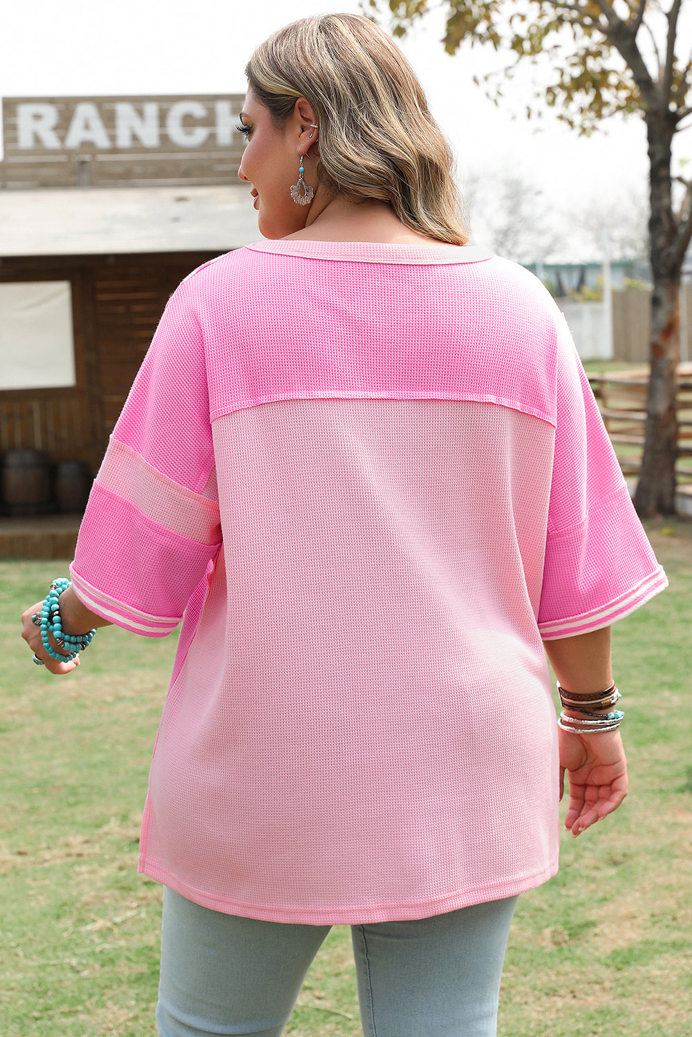 Pink Stripe Patchwork Colourblock Plus Size T Shirt BB Fashion Outlet