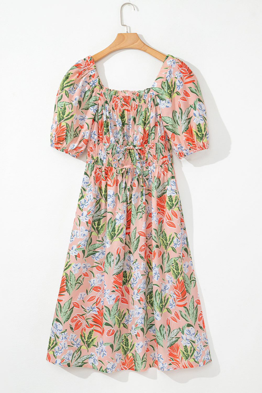 Apricot Pink Floral Smocked Bust Bubble Short Sleeve Maxi Dress eAura