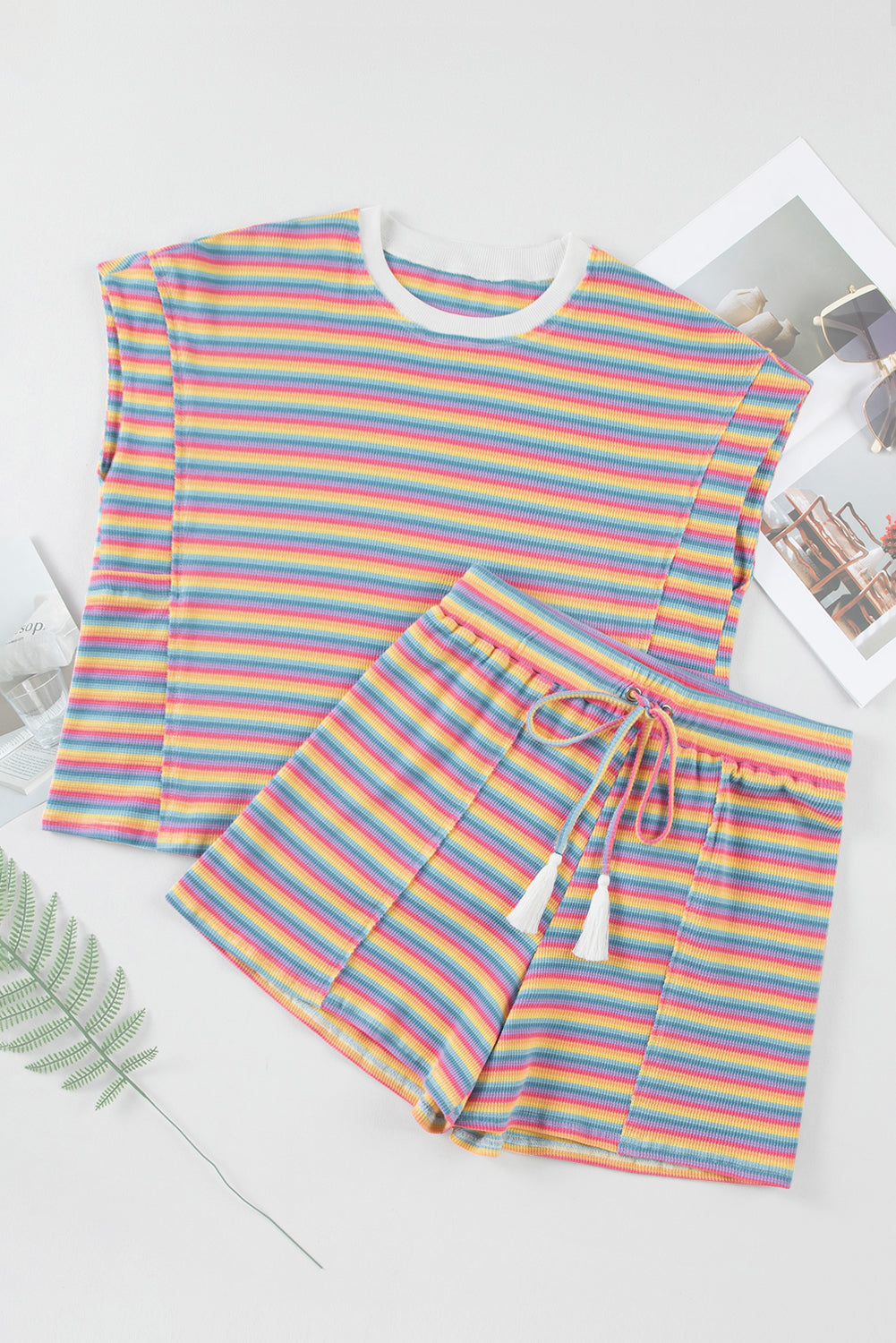 Pink Stripe Crew Neck Tee and Tasseled Drawstring Shorts Set Co-ord eAura