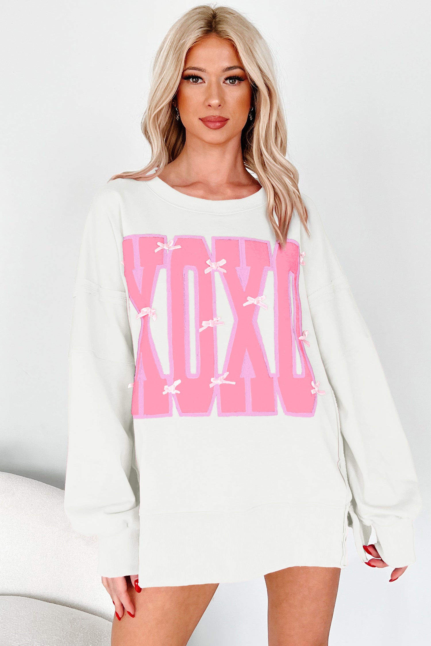 Sequin XOXO Letter Graphic Exposed Seam Oversized Sweatshirt - Tops/Sweatshirts & Hoodies