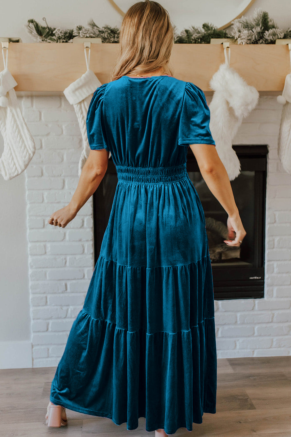Prussian Blue Velvet Short Sleeve Shirred Waist Tiered Maxi Dress BB Fashion Outlet