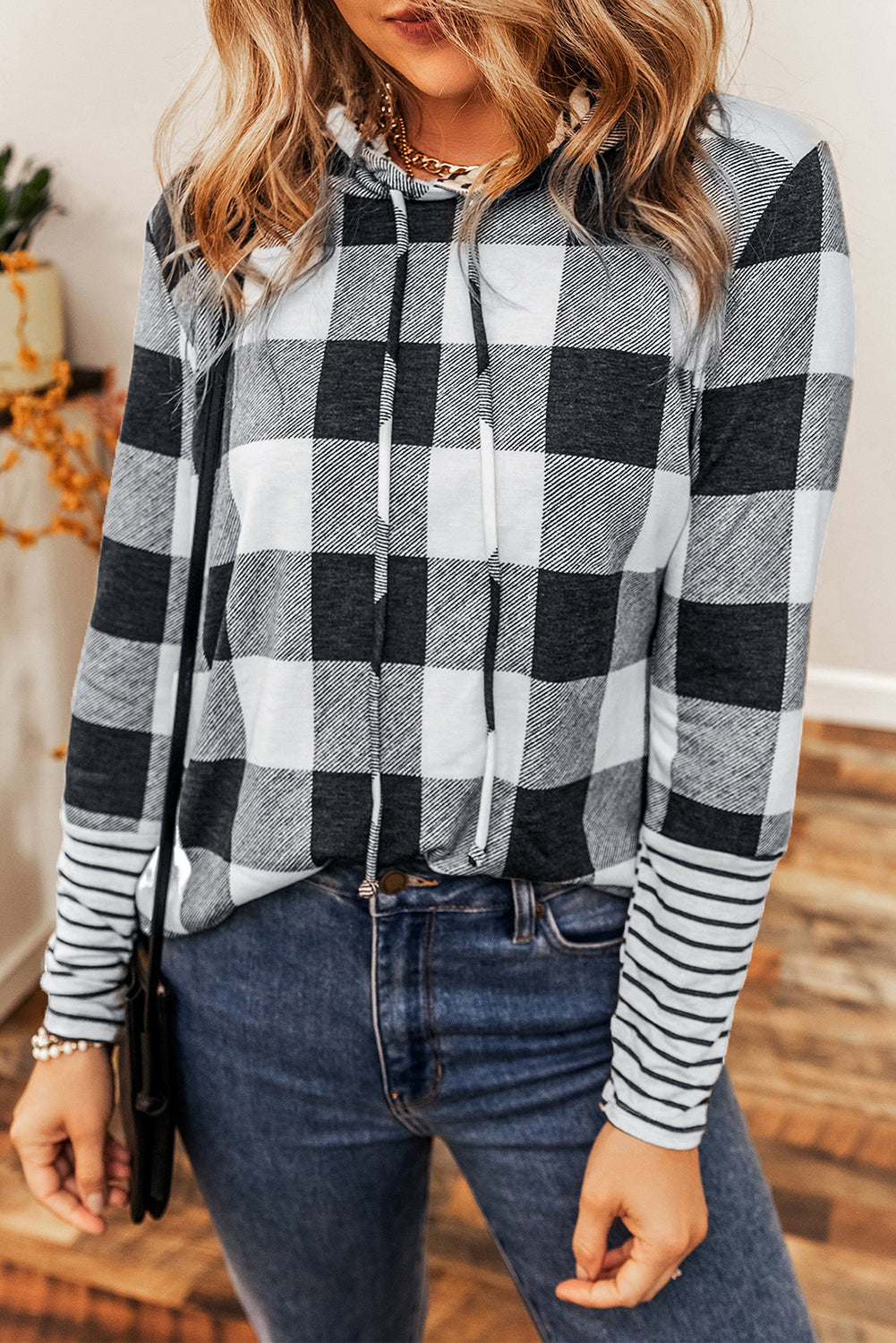 Multicolour Plaid Striped Patchwork Drawstring Hoodie eAura