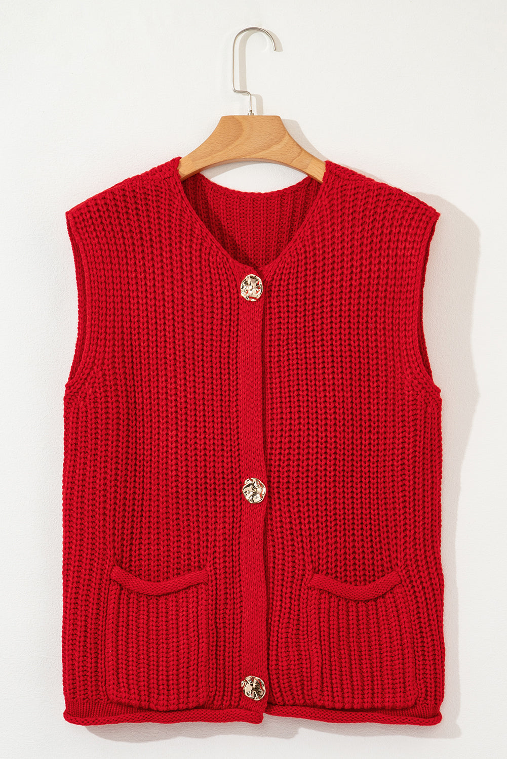 Fiery Red Solid Textured Knit Side Pockets Buttoned Sweater Vest eAura