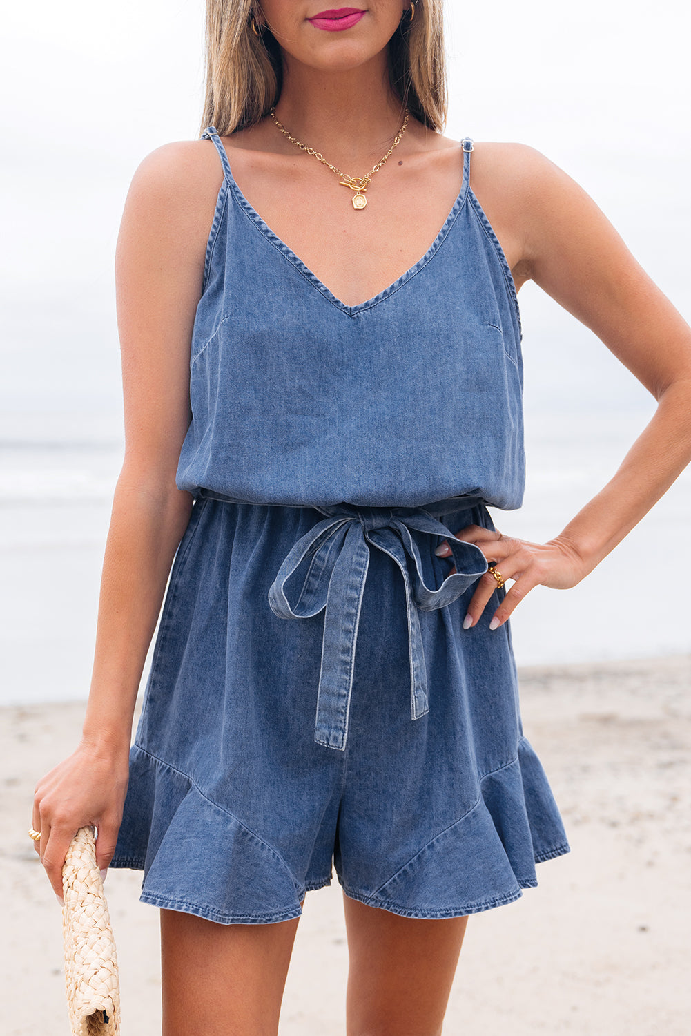 Ashleigh Blue Spaghetti Straps V Neck Belted Ruffled Leg Chambray Romper eAura
