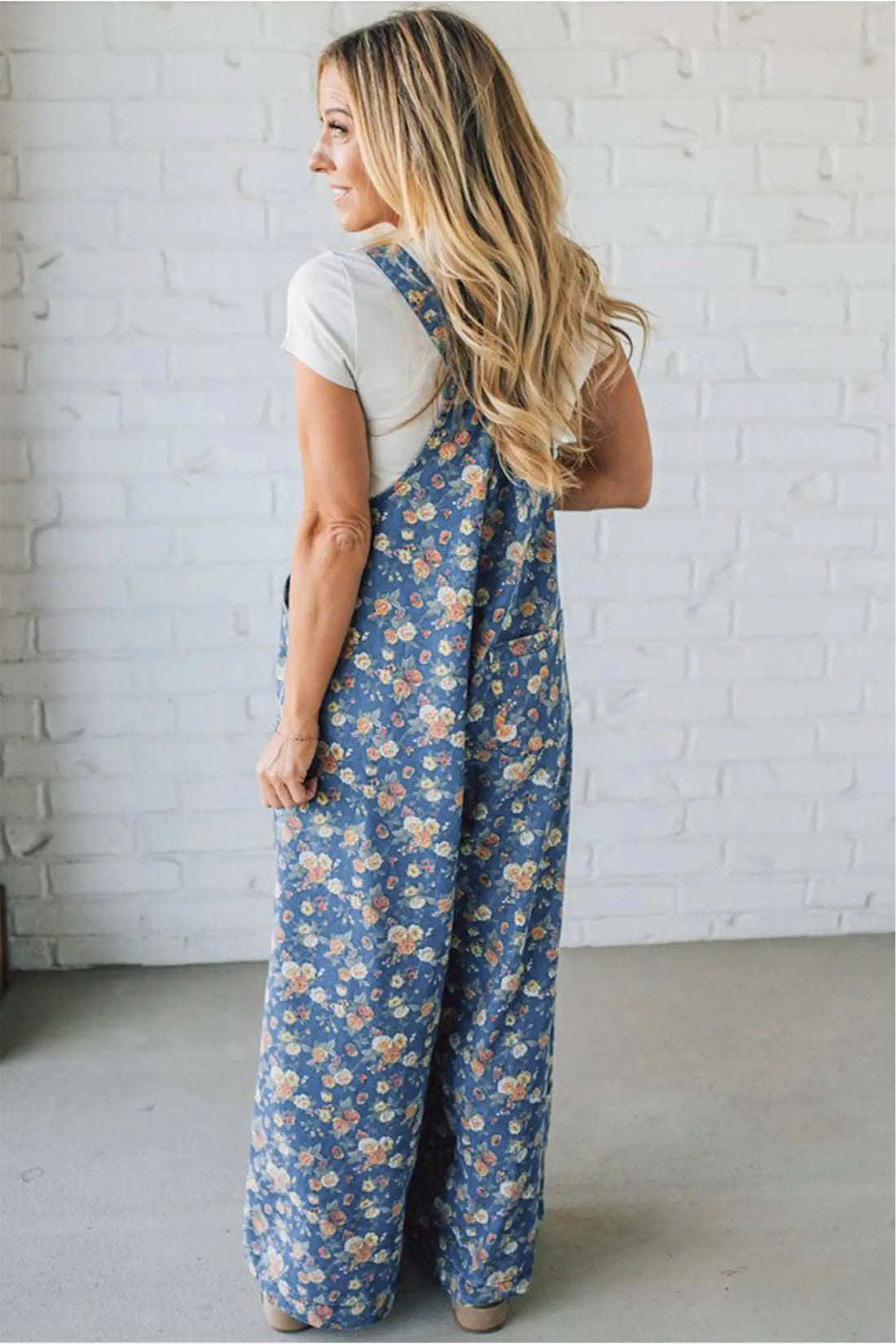 Vintage Rose Printed Pleated Loose Denim Overall Jumpsuit