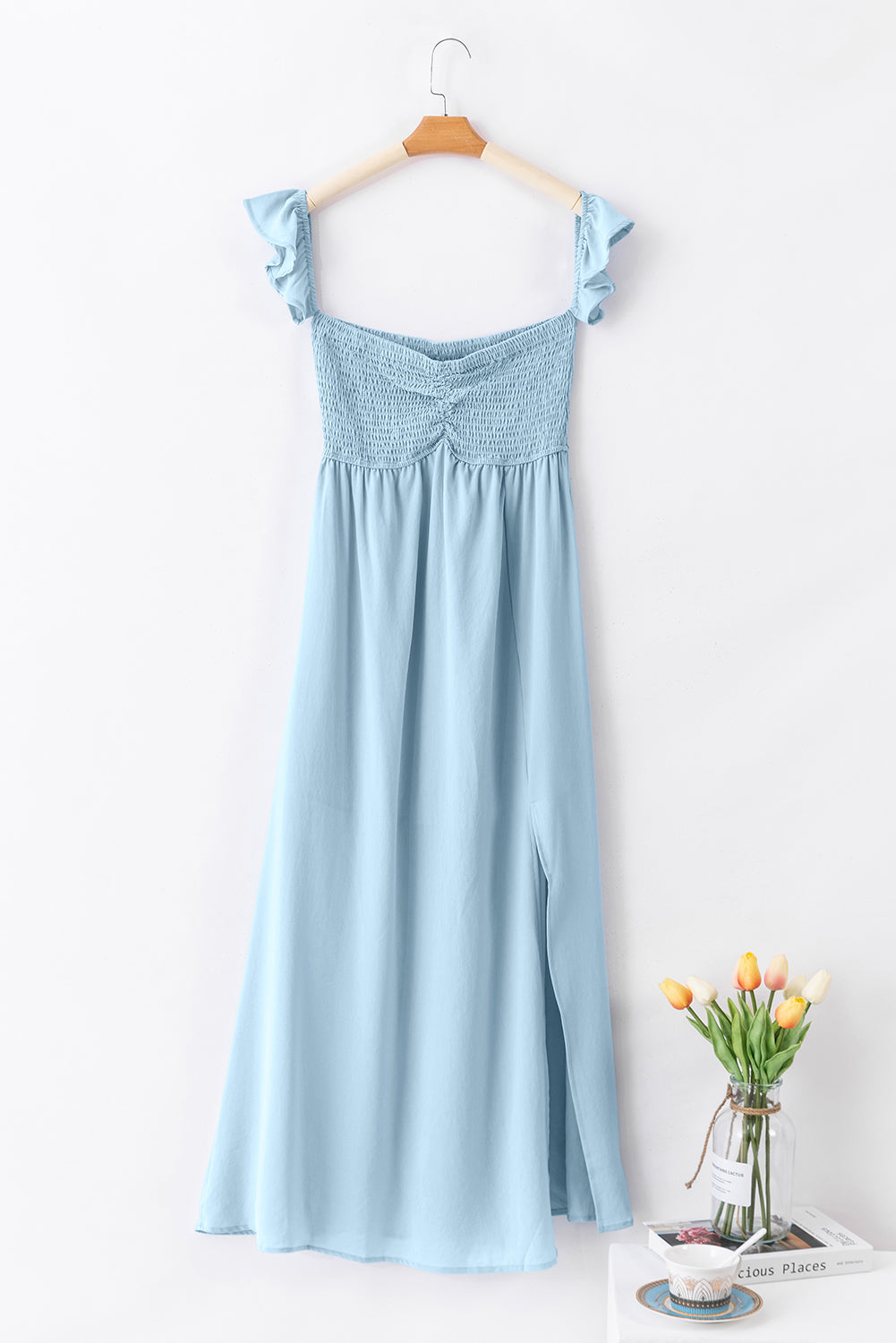 Sky Blue Off Shoulder Ruched Bust Sheer Slit Maxi Dress – Light Blue
