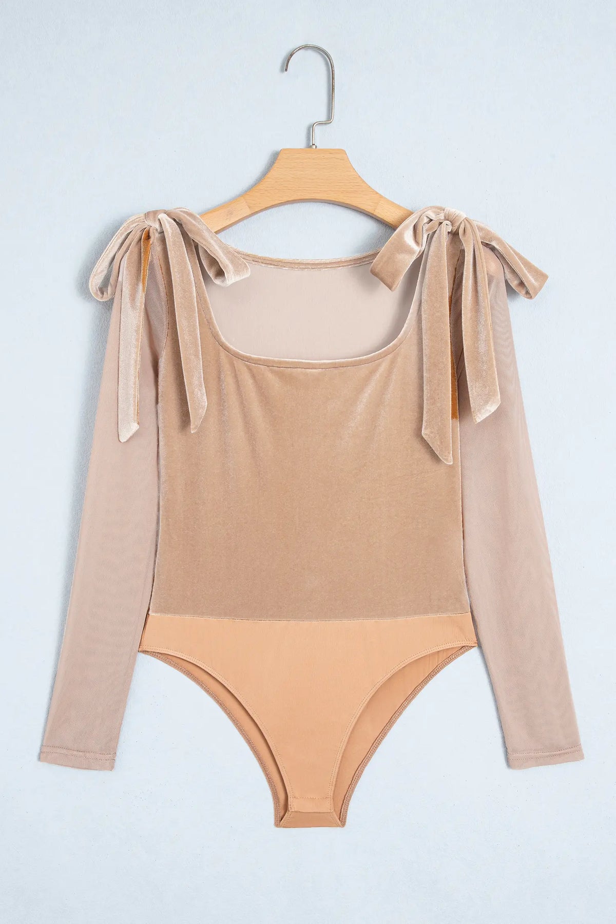 Solid Colour Velvet Knot Square Neck Sheer Long Sleeve Bodysuit – Light French Beige
