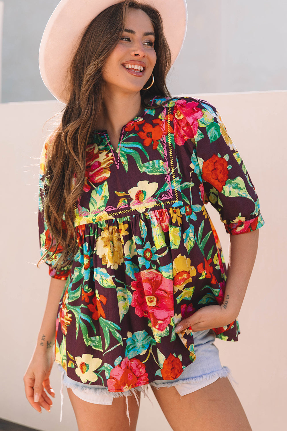 Greyish Purple Rose Flower Embroidered Trim Half Sleeve Blouse eAura