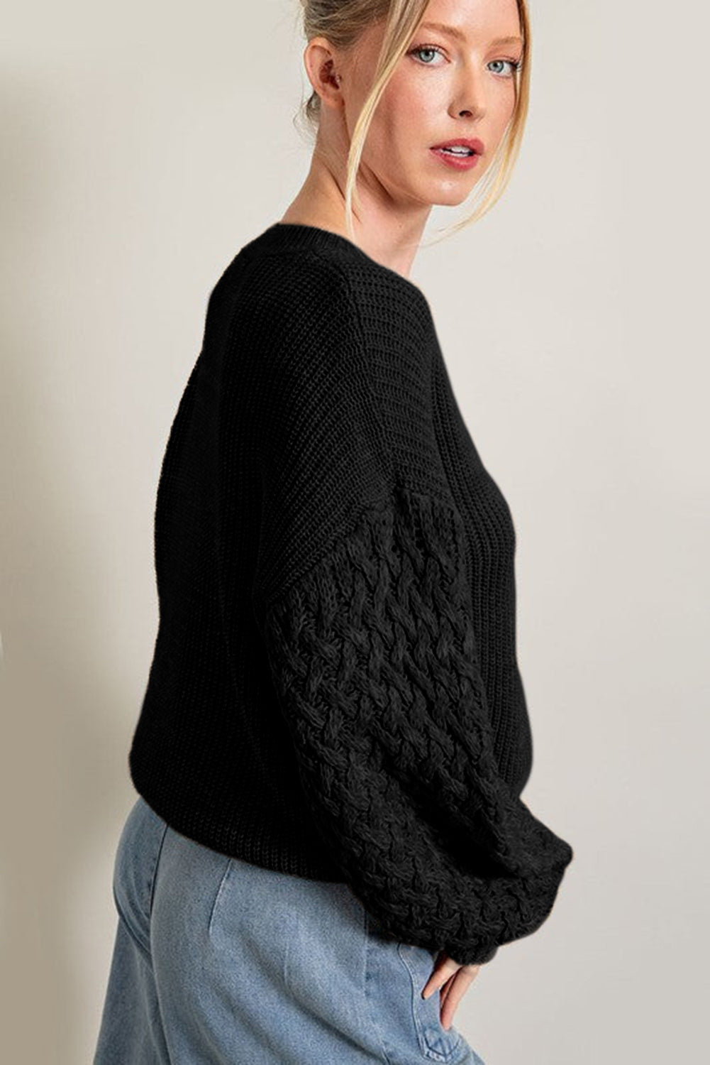 Light Grey Cable Knit Sleeve Drop Shoulder Sweater eAura