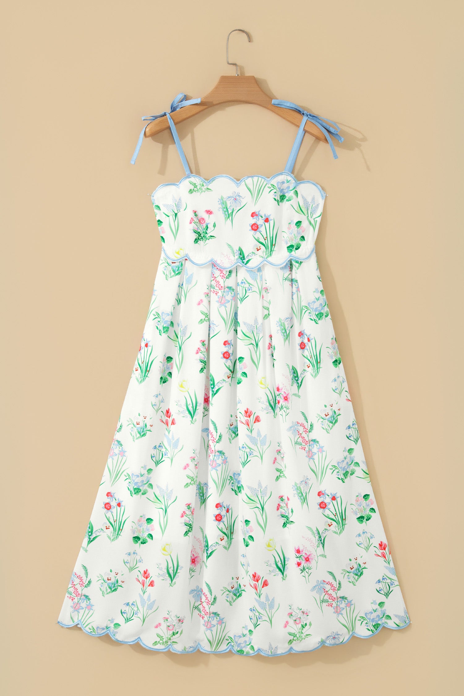 Floral Print Contrast Trim Self-Tie Straps Midi Dress