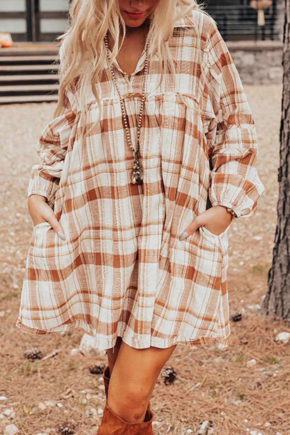 Brown Plaid Print Side Pockets Frilled Babydoll Mini Dress BB Fashion Outlet