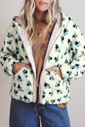 White Floral Print Faux Fur Hooded Metal Zip-up Winter Jacket