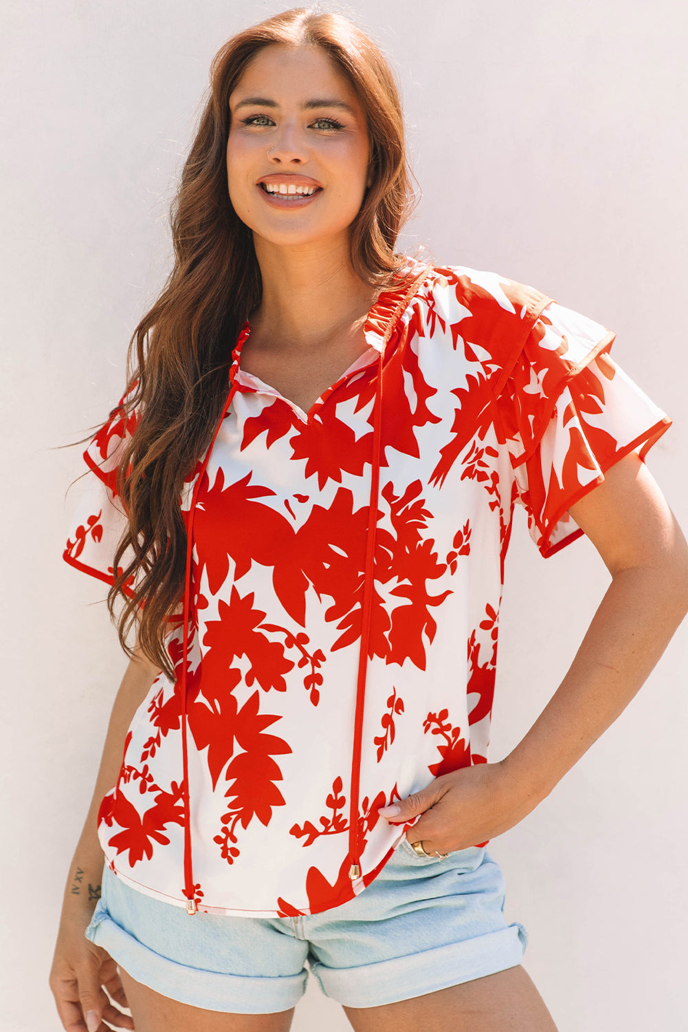 Red Plant Print Tiered Ruffled Sleeve V Neck Blouse eAura