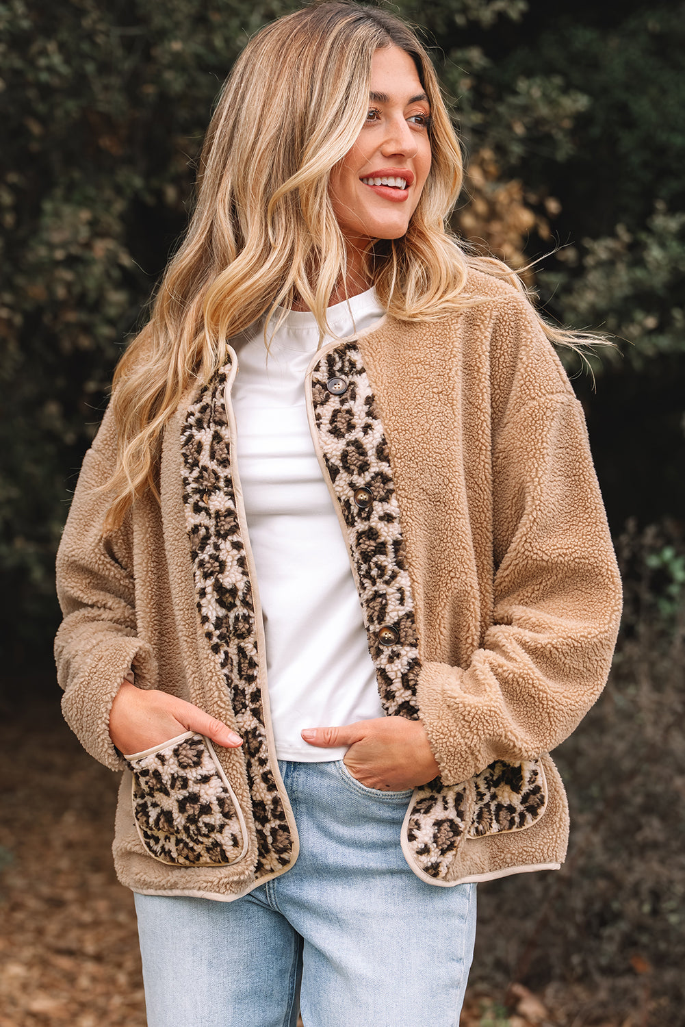 Casual Leopard Print Accent Plush Jacket with Pockets - eAura
