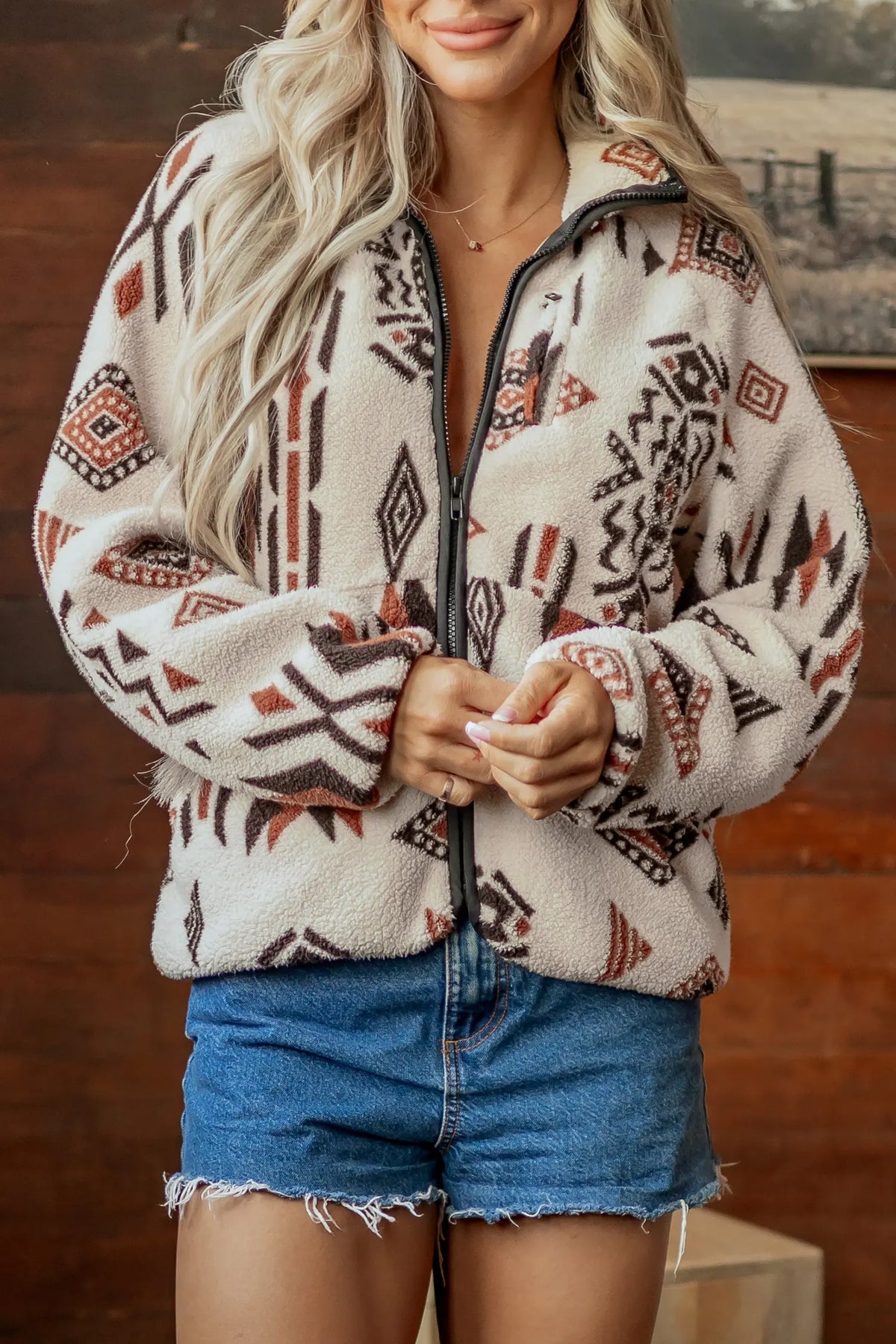 Geometric Print Long Sleeve Shirt Collar Zip-up Placket Binding Tape Jacket – Beige