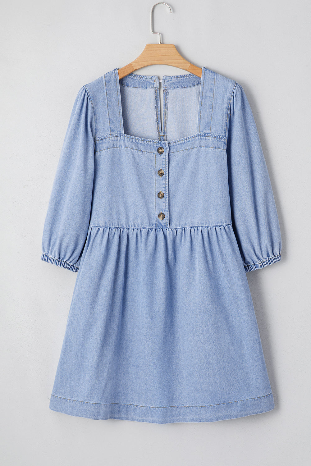 Beau Blue Denim Button Detail Babydoll Square Neck Mini Dress eAura
