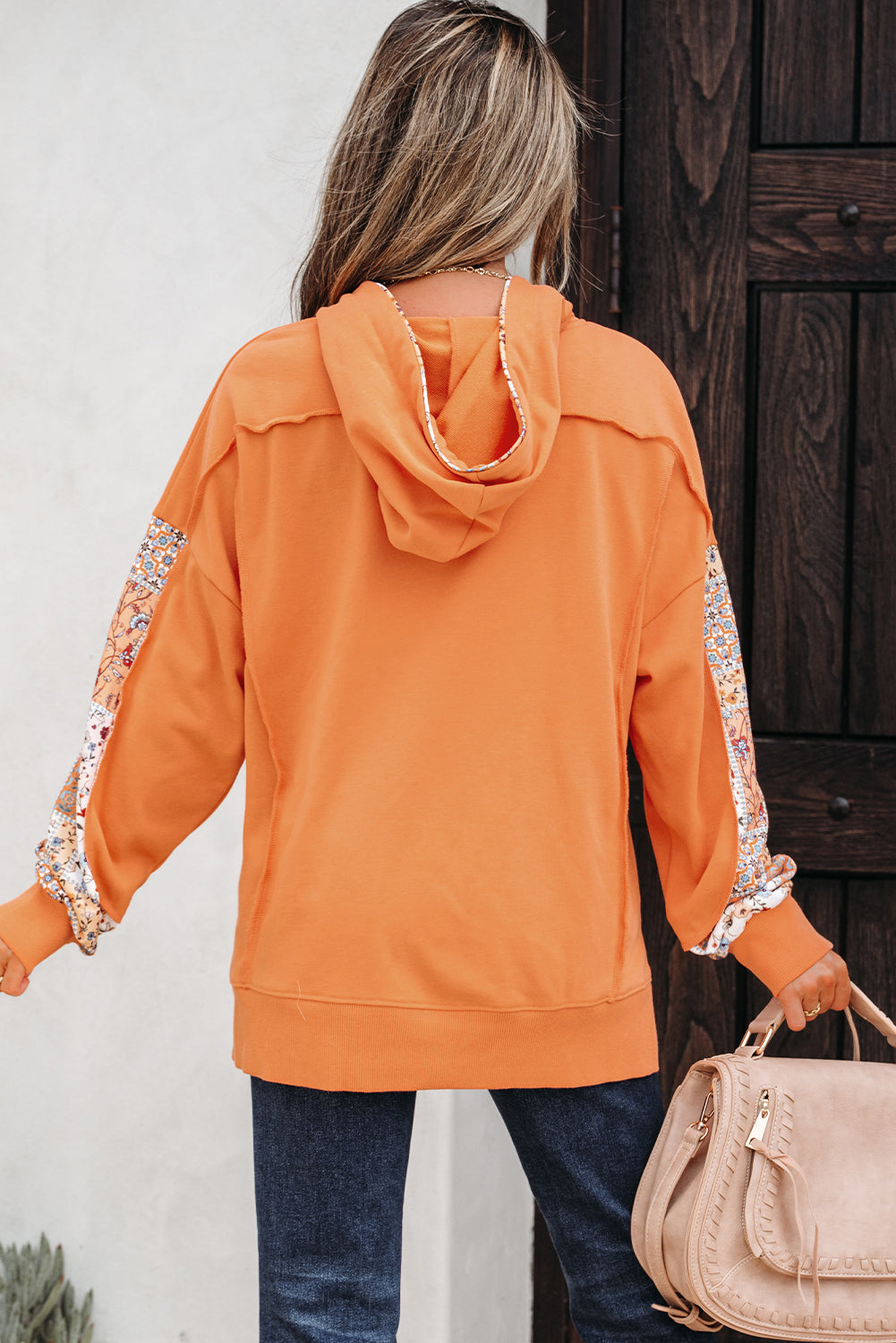 Mix Floral Patchwork Side Slit Drawstring Hoodie eAura