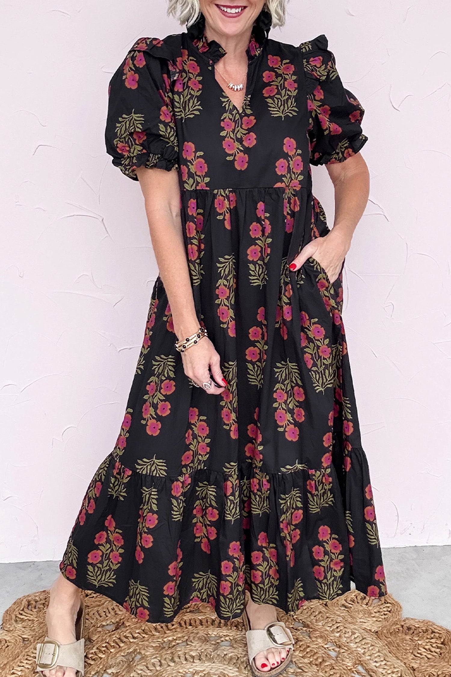 Floral Short Bubble Sleeve Tiered Maxi Dress