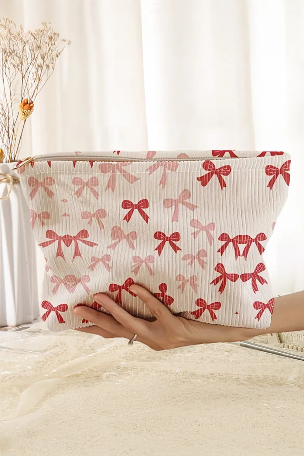 Bows Print Zipped Ribbed Makeup Storage Bag