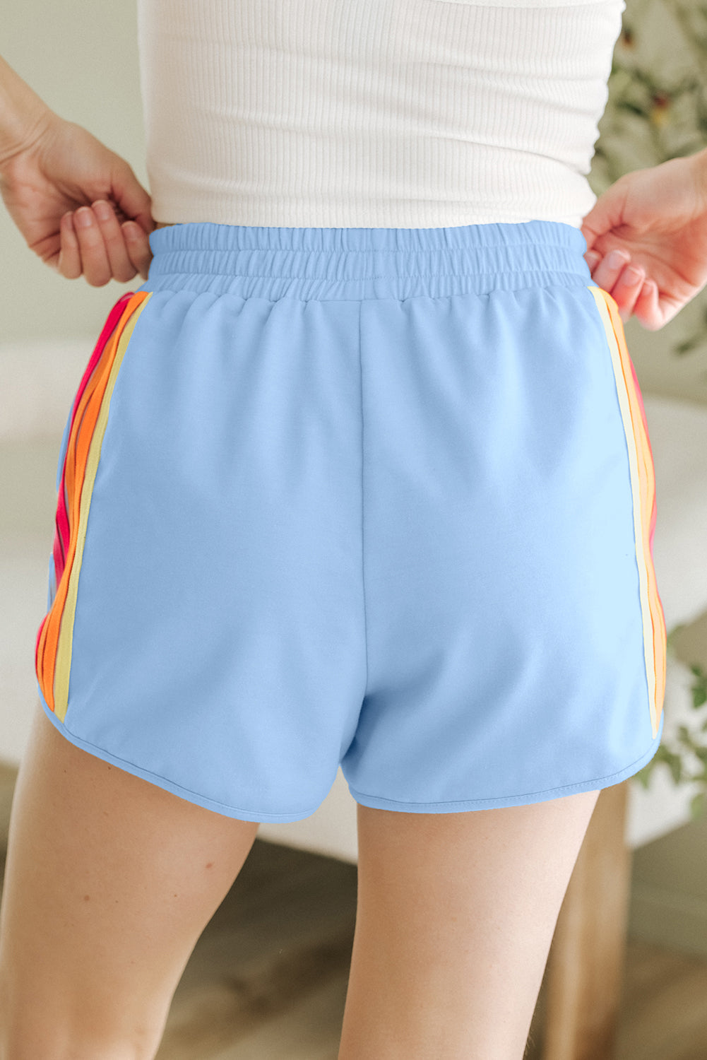 Beau Blue Colour Block Stripes Elastic High Waist Active Shorts eAura