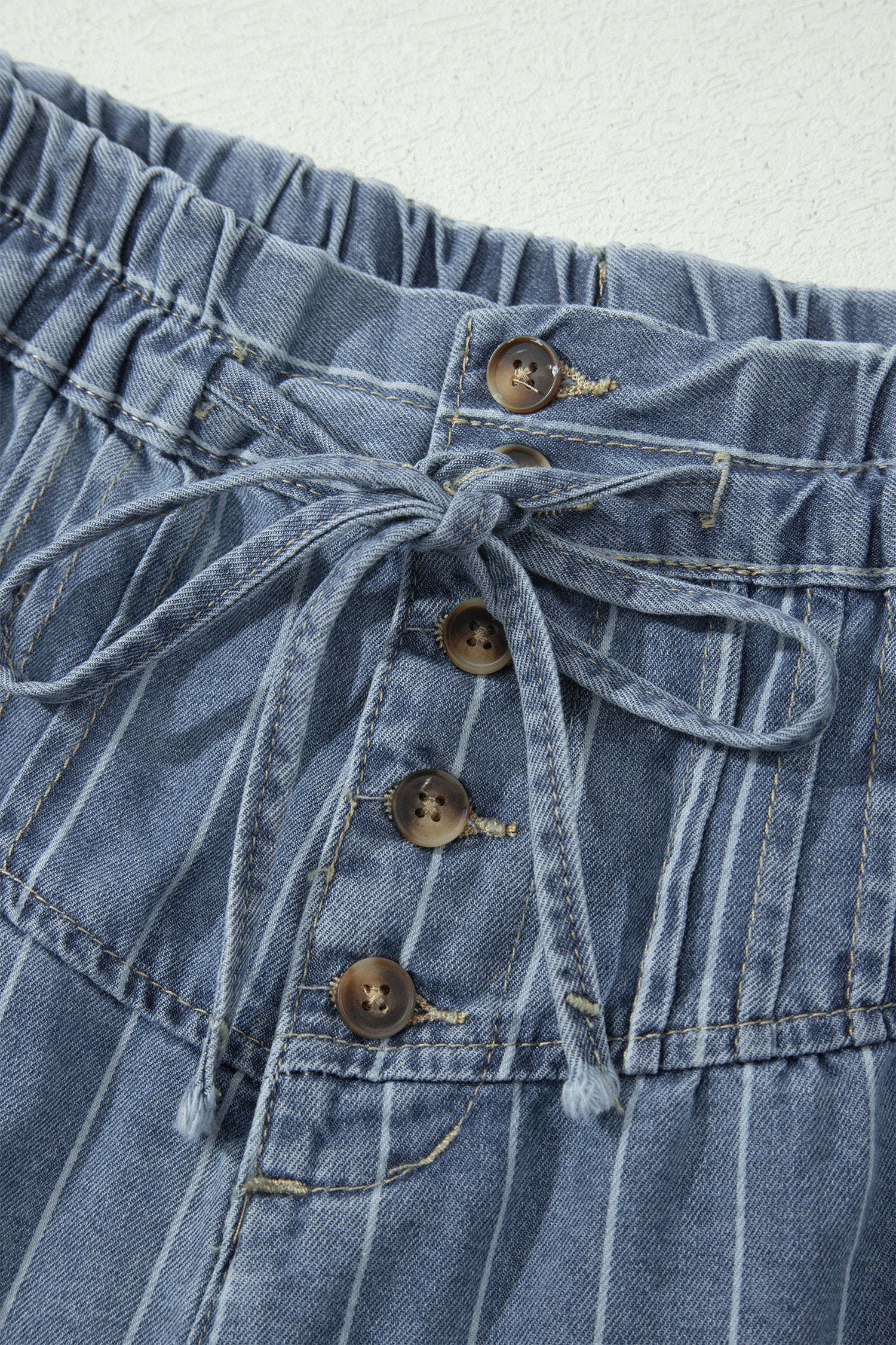 Sky Blue Stripe Drawstring Pleated High Waist Denim Shorts