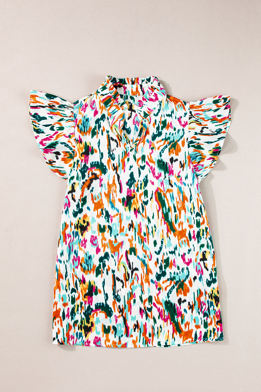Abstract Print Split Neck Ruffle Sleeve Blouse BB Fashion Outlet