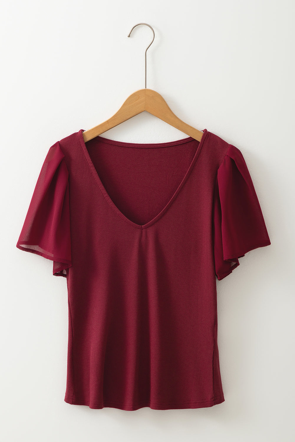 Red Dahlia Mesh Ruffled Sleeve Slim Fit V Neck Top eAura