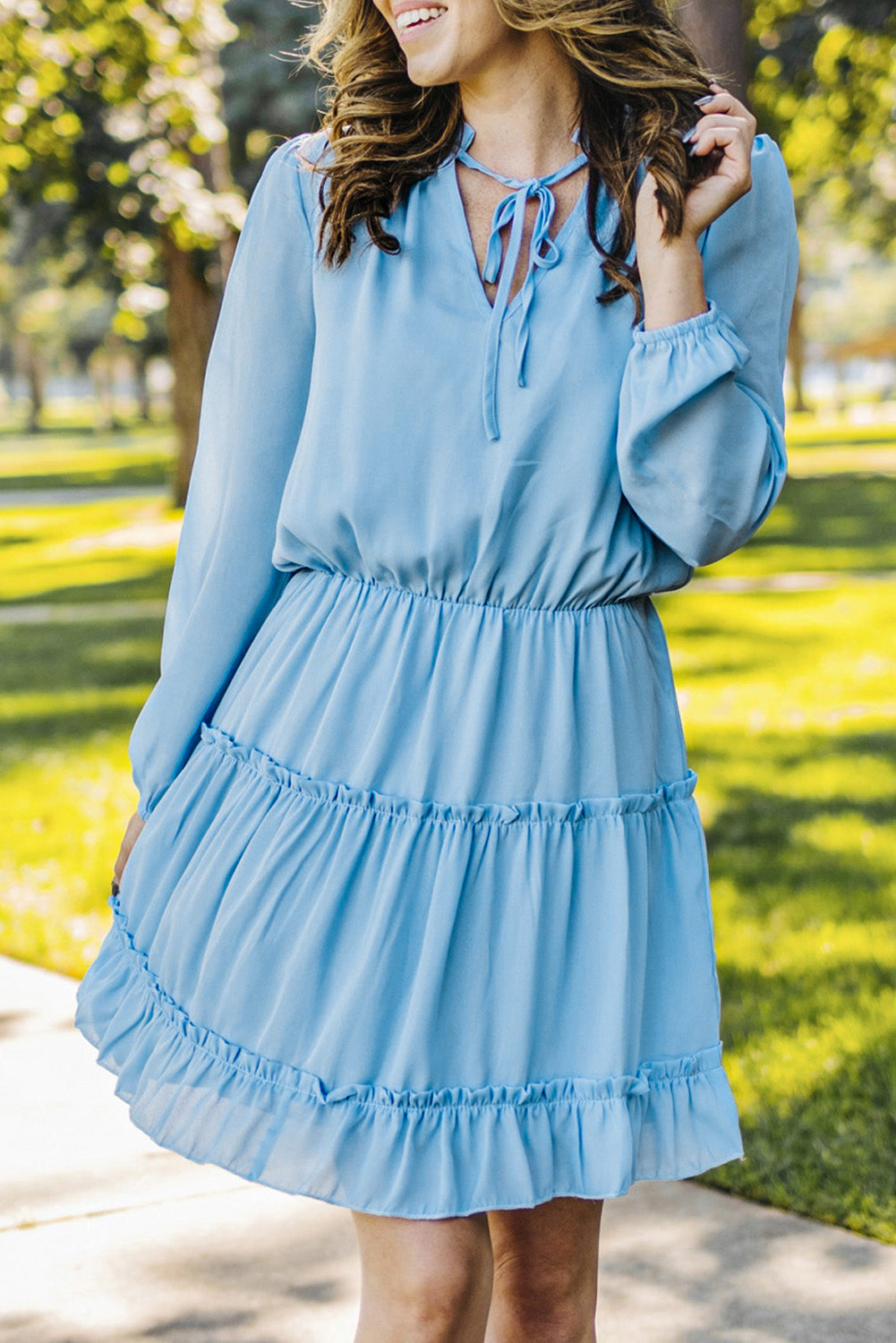 Light Blue V Neck Long Sleeve Ruffle Tiered Mini Dress eAura